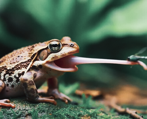 A frog uses its fast tongue to catch food from far away.